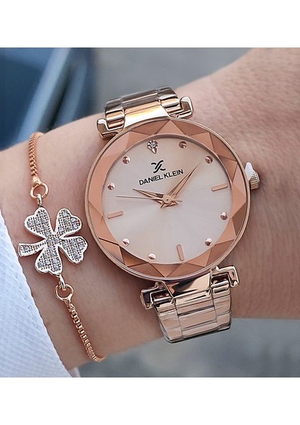 Kesme Camlı 33 mm Rose Gold Şık Kadın Kol Saati, Zirkon Taşlı Bileklik Hediyeli