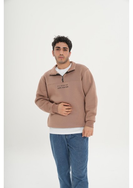 Unisex Pamuklu Içi Polarlı Yarım Fermuarlı Sweathirt