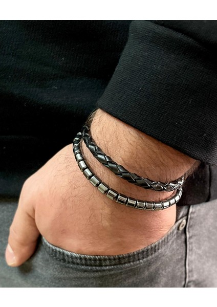 %100 Deri&hematit Kombin Erkek Bileklik Net 23CM (Türk El Üretimi)