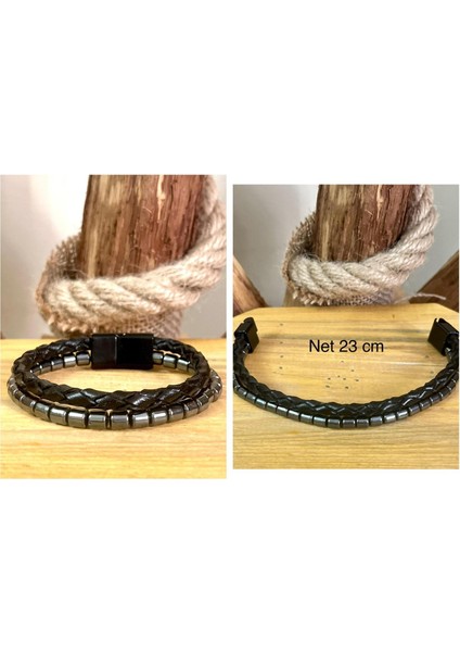 %100 Deri&hematit Kombin Erkek Bileklik Net 23CM (Türk El Üretimi) modelleri