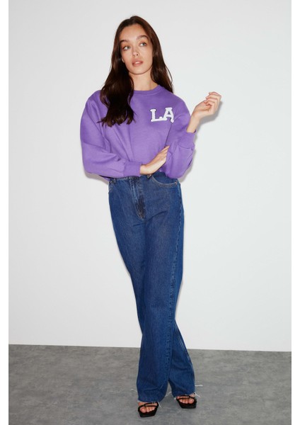 Clara Kadın Hafif Dökümlü Yakası Dantelli Askılı Büyük Beden Mor Sweatshirt