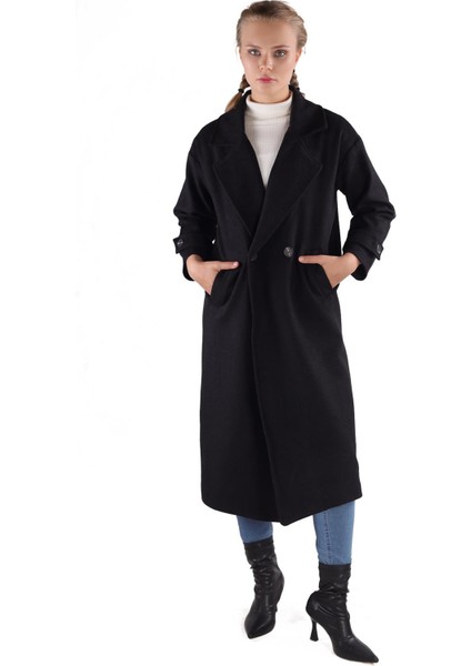 3025A Çift Düğme Cepli Uzun Kaban Siyah fiyatları