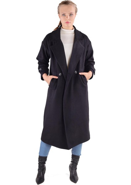 3025A Çift Düğme Cepli Uzun Kaban Siyah modelleri