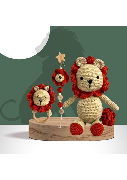 Organik Uyku Arkadaşı & Çıngırak & Emziktutucu Set- Amigurumi Aslan