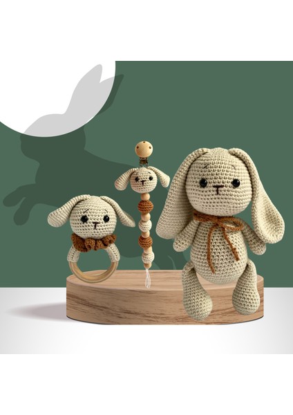 Organik Uyku Arkadaşı & Çıngırak & Emziktutucu Set- Amigurumi