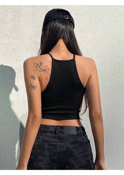 Askılı Halter Yaka Yüzücü Sırtlı Siyah Renk Fitilli Crop Top Bluz