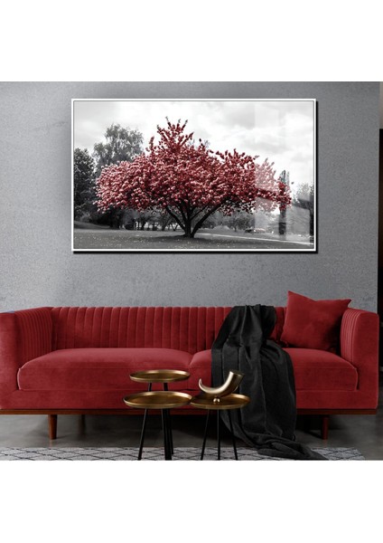 Bordo-Gri Renk Sonbahar Ağacı|Çerçeveli Temperli Cam Tablo Tekli Yatay