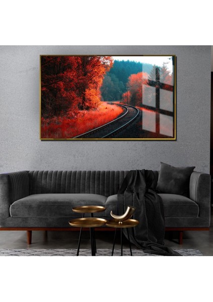 Sonbahar Manzaralı Kırmızı Tren Rayı Detaylı 1|Çerçeveli Temperli Cam Tablo Tekli Yatay