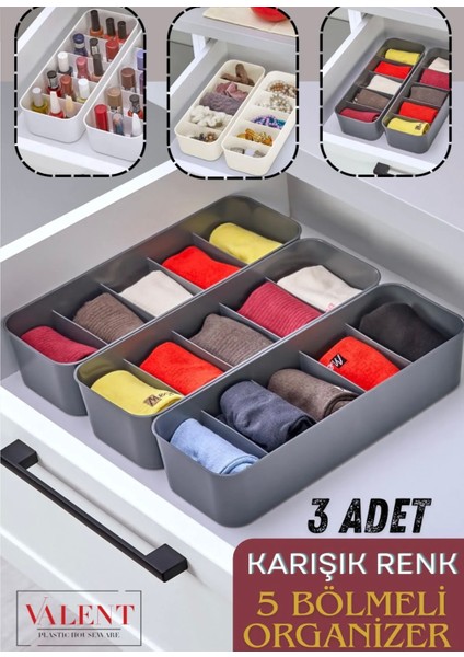 3 Adet 5 Bölmeli Çekmece Içi Düzenleyici Organizer Antrasit Gri