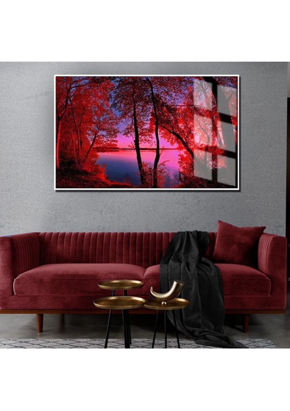 Sonbahar Manzaralı Kırmızı Orman Manzara 1|Çerçeveli Temperli Cam Tablo Tekli Yatay
