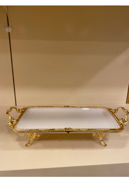 Porselen Dikdörtgen Sunum Tabağı Döküm Pirinç Ayaklı Kulplu Altın 32 X 16 Cm modelleri