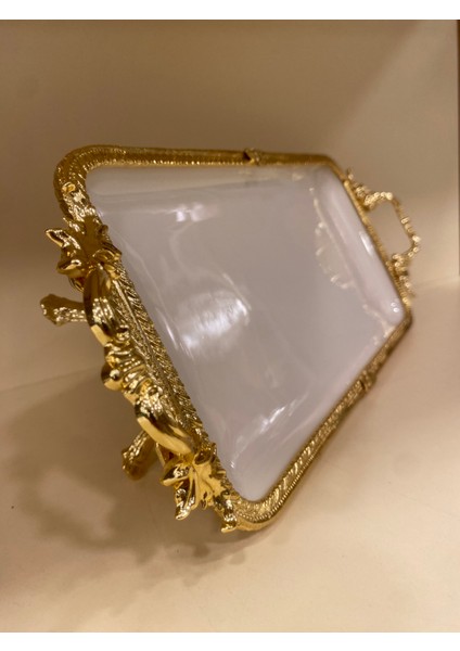 Porselen Dikdörtgen Sunum Tabağı Döküm Pirinç Ayaklı Kulplu Altın 32 X 16 Cm indirimleri