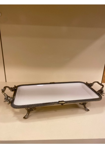 Porselen Dikdörtgen Sunum Tabağı Döküm Pirinç Ayaklı Kulplu Antik Eskitme 32X16 cm fiyatları