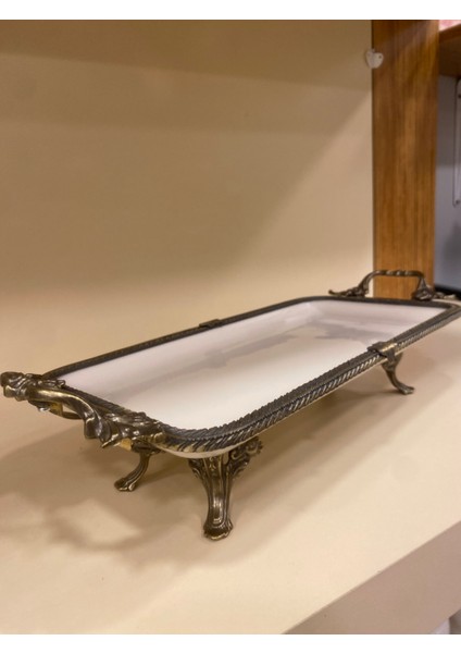 Porselen Dikdörtgen Sunum Tabağı Döküm Pirinç Ayaklı Kulplu Antik Eskitme 32X16 cm fırsatları