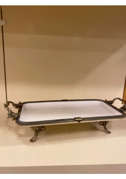 Porselen Dikdörtgen Sunum Tabağı Döküm Pirinç Ayaklı Kulplu Antik Eskitme 32X16 cm indirimleri