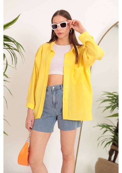 Modal Kumaş Oversize Kadın Gömlek-Sarı