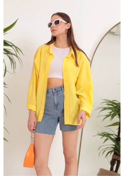 Modal Kumaş Oversize Kadın Gömlek-Sarı