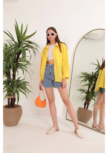 Modal Kumaş Oversize Kadın Gömlek-Sarı
