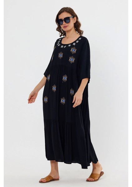 Göz Desenli Nakış Detaylı Yarım Kol Kadın Elbise-Siyah