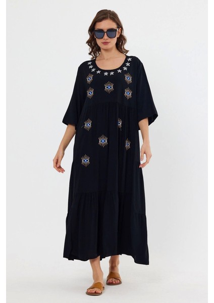 Göz Desenli Nakış Detaylı Yarım Kol Kadın Elbise-Siyah fiyatları