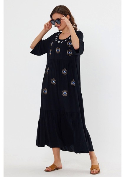 Göz Desenli Nakış Detaylı Yarım Kol Kadın Elbise-Siyah modelleri