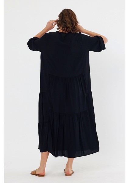 Göz Desenli Nakış Detaylı Yarım Kol Kadın Elbise-Siyah indirimleri