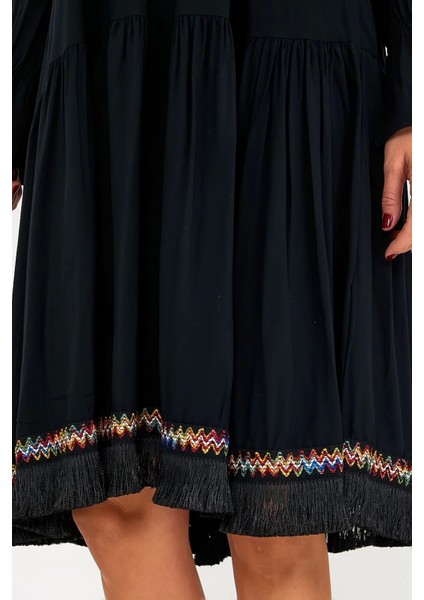 Nakışlı Püskül Detaylı Uzun Kol Kadın Elbise-Siyah modelleri