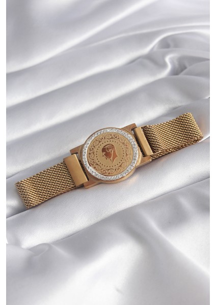 316L Çelik Gold Renk Mıknatıslı Hasır Zirkon Taşlı Çeyrek Altın Model Kadın Bileklik - TJ-BB5820