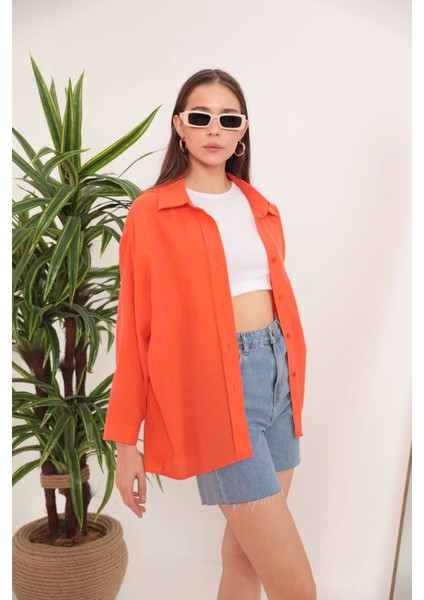 Modal Kumaş Oversize Kadın Gömlek-Oranj