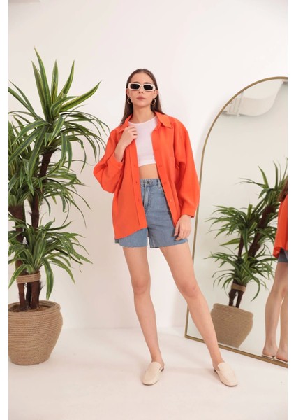Modal Kumaş Oversize Kadın Gömlek-Oranj modelleri