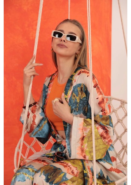 Saten Kumaş Batik Desen Kadın Kimono-Yağ Yeşili