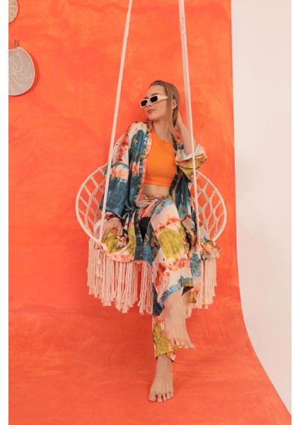 Saten Kumaş Batik Desen Kadın Kimono-Yağ Yeşili modelleri