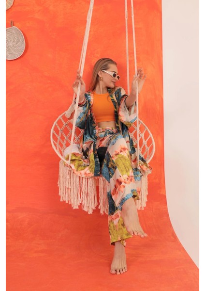 Saten Kumaş Batik Desen Kadın Kimono-Yağ Yeşili fırsatları