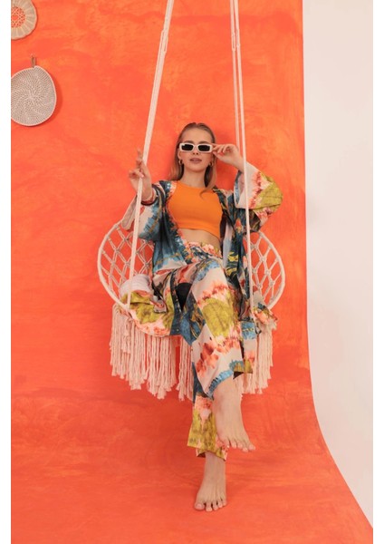 Saten Kumaş Batik Desen Kadın Kimono-Yağ Yeşili indirimleri