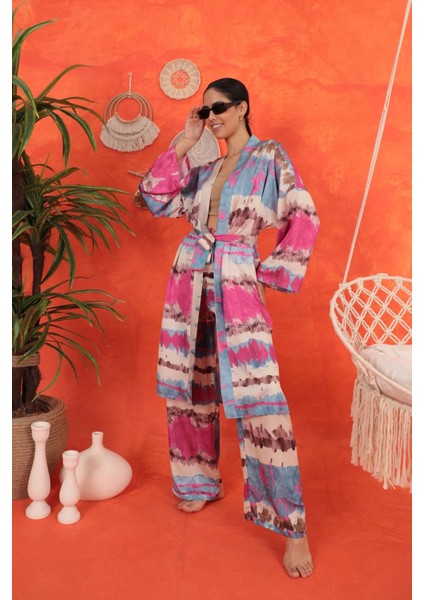 Saten Kumaş Batik Desen Kadın Kimono-Fuşya