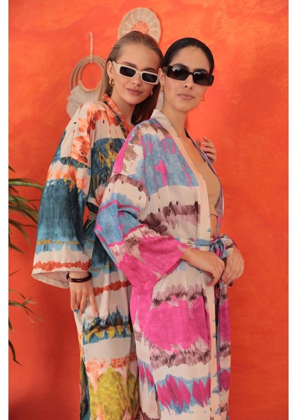 Saten Kumaş Batik Desen Kadın Kimono-Fuşya fiyatları