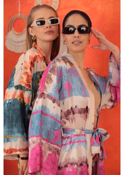 Saten Kumaş Batik Desen Kadın Kimono-Fuşya modelleri