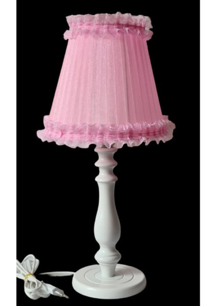 Pembe Fırfırlı Beyaz Ahşap Ayaklı Yatak Odası Abajuru Çocuk Odası Abajur modelleri