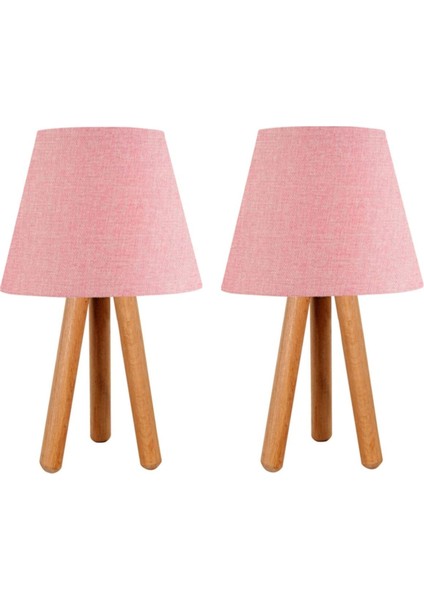 2'li Set Komodin Üç Ayaklı Ahşap Abajur Pembe