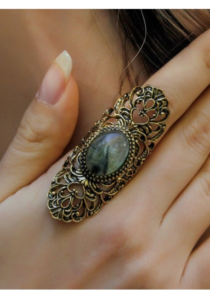 Doğal Taş Prehnit Doğal Taşlı Antik Ayarlanabilir Kadın Yüzük EUY45PR