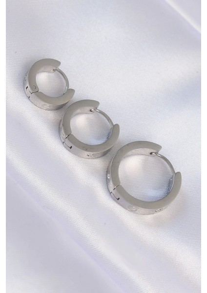 Pilelistore 316L Çelik Gümüş Renk Zirkon Taşlı Model 3lü Halka Küpe - TJ-BKP9008