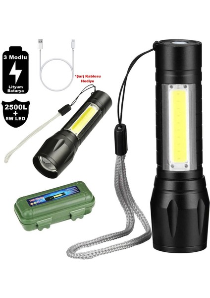 Byars- Şarjlı El Feneri 2500 Lumens + 5W Cob LED USB Lion Şarjlı Ultra Güçlü Q5 Xpe Byarsbilişim