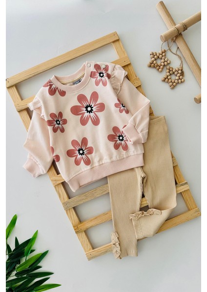 Çiçek Baskılı Fitilli Kız Çocuk 2 li takım - Somon
