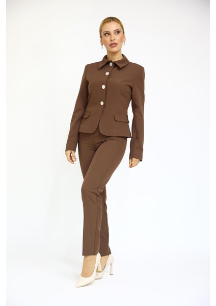 Peplum Ceket & Boru Paça Pantolon Takım-Kestane
