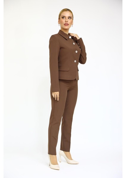 Peplum Ceket & Boru Paça Pantolon Takım-Kestane modelleri