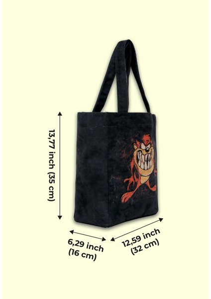 Kadın Vegan Siyah Large Tote Bag - Warner Bros Tasmanian Devil Tasarım