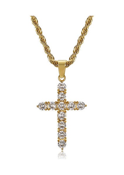 (Altın) Bling Zirkon Hip Hop Haç Kolye Paslanmaz Çelik Çapraz Kolye (Yurt Dışından)