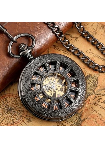 Retro Siyah Tekerlek Hollow Mekanik Cebi Romen Rakamları Ekran Antik Asılı Zincir Kolye Timepiece Hediyeler Erkek | Cep ve Amp;fob Saatler (Yurt Dışından) fırsatları