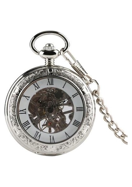 Gümüş Mekanik Cebi Manuel Mekanizması Kolye Fob Zincir Saat Şeffaf Cam Kapak Romen Rakamları Retro Timepiece | Cep ve Amp;fob Saatler (Yurt Dışından)