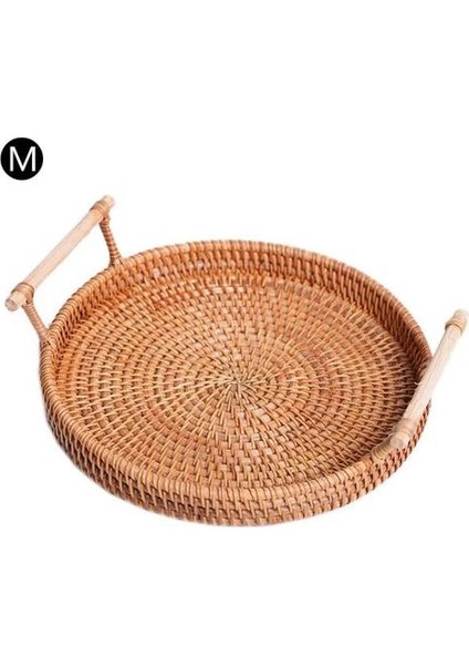 Kolu El ile Pratik Rattan Tepsi El Dokuma Çok Amaçlı Hasır Tepsi ile Dayanıklı Rattan Fiber Yuvarlak Kahvaltı Drink Snack | Depolama Tepsileri (M) (Yurt Dışından)